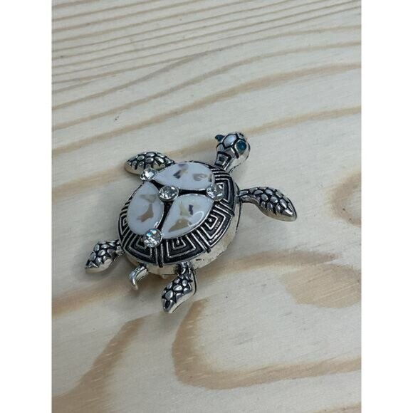 Turtle-Inspired Silver-Tone & Faux Mother-Of-Pearl Brooch Rhinestone Accents - Picture 3 of 5